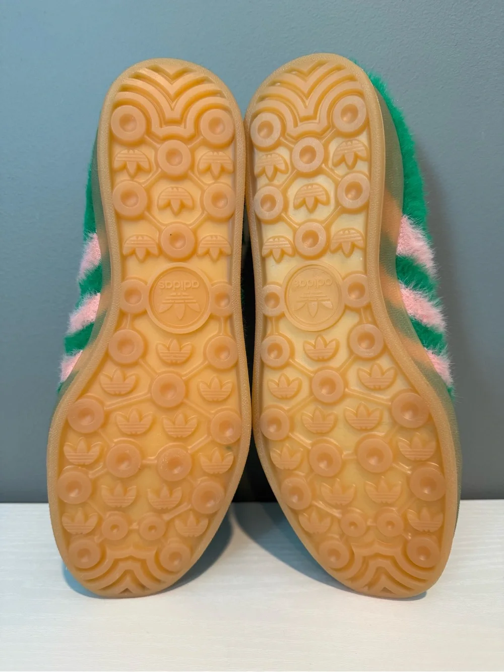 adidas Green with Pink Stripe Fuzzy Gazelle Sneakers